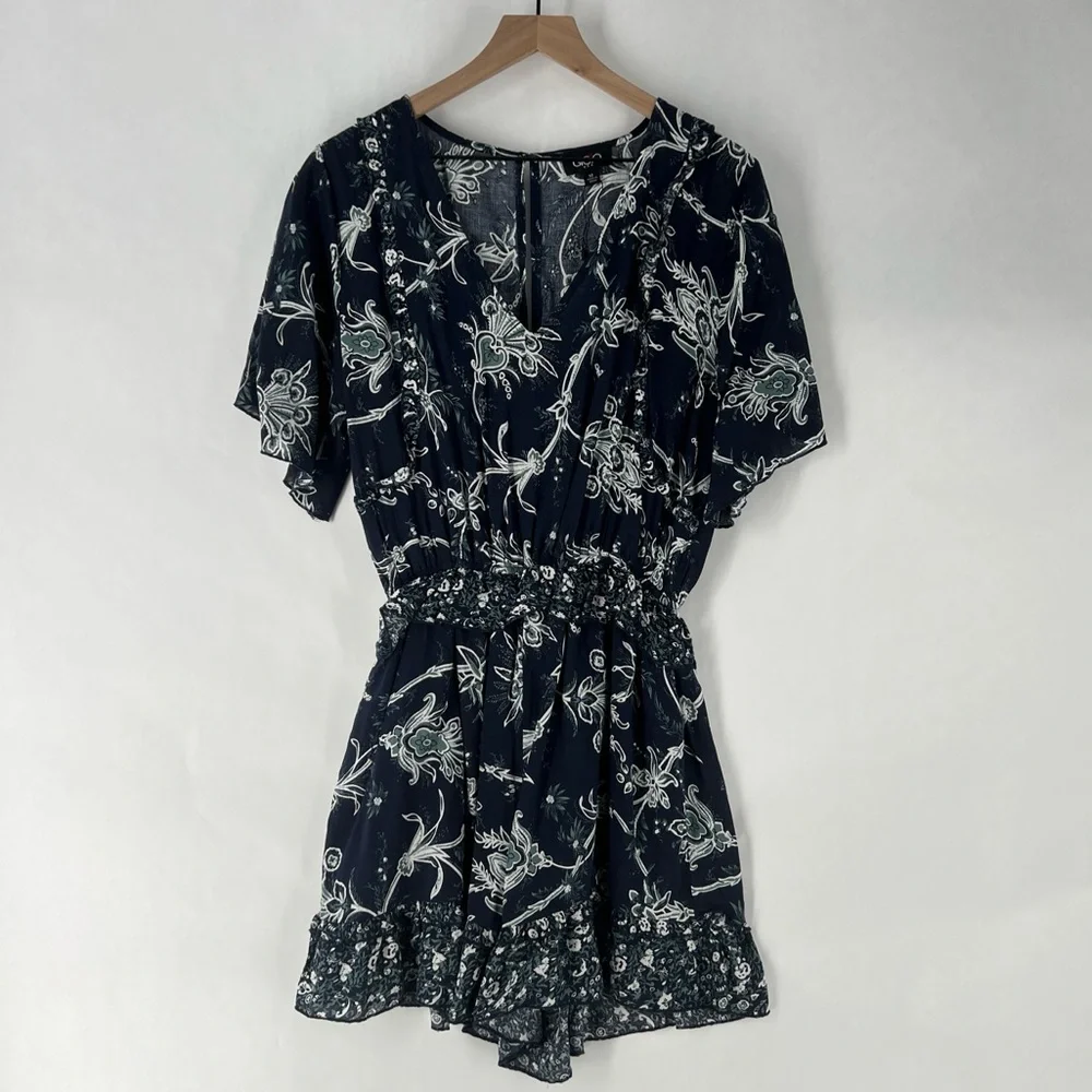 Gigio Lightweight‎ Floral Print Navy V-Neck Ruffle Trim Elastic Waist Romper M